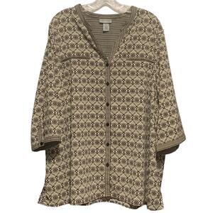 CATHERINES Top 2X Boho Print Black & Cream Button Down 3/4 Sleeves Blouse